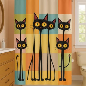 Cortina de chuveiro com estampa de gato atômico: decoração de banheiro moderna e retrô de meados do século