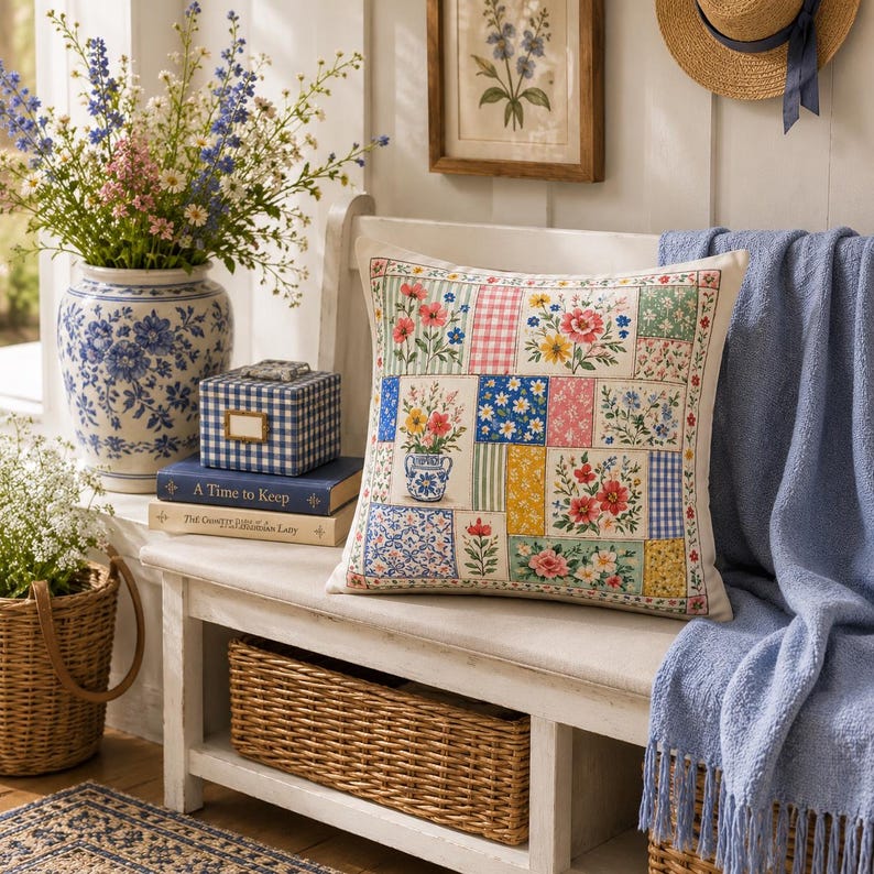K&ouml;nnte beinhalten: Ein dekoratives Kissen mit einem Patchwork-Design mit Blumenmustern in verschiedenen Farben, darunter Rot, Rosa, Blau und Gelb. Das Kissen liegt auf einer wei&szlig;en Bank mit einer blauen Decke. Ein Weidenkorb und eine blau-wei&szlig;e Vase mit Blumen sind ebenfalls zu sehen.