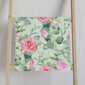 Shabby Chic Rose Hand Towel: Seafoam Green Cottagecore Bathroom Decor