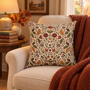 Autumn Floral Tapestry Pillow | Square Throw Pillow, Fall Leaves Pattern