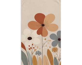 Neutral Boho Floral Hand Towel Mid Century Flowers, Earth Tone Bathroom Towel