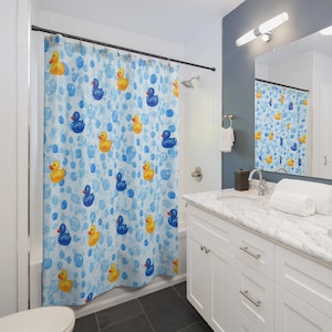 Rubber Duck Shower Curtain – Kids' Bathroom, Fun Yellow & Blue Design image 1