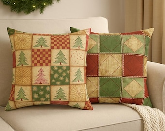 Rustic Christmas Patchwork Reversible  Pillow – Farmhouse Quilted Tree Design