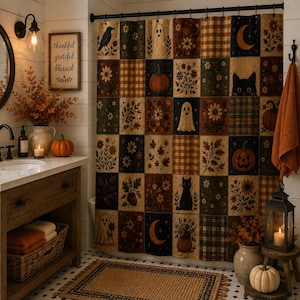 May include: A shower curtain featuring a patchwork grid design with autumn and Halloween motifs including pumpkins, ghosts, black cats, crows, crescent moons, flowers, and plaid patterns in shades of orange, brown, black, and cream.