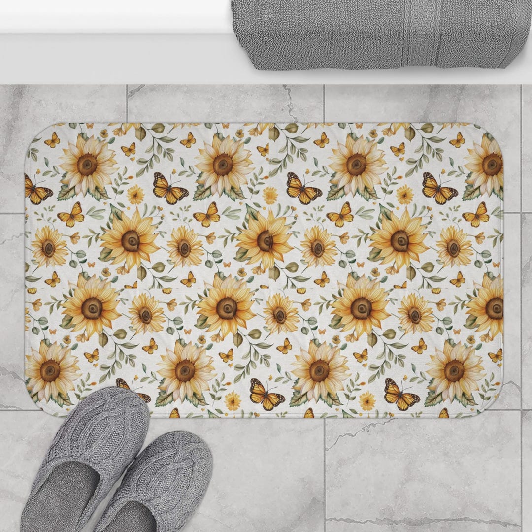 Yellow Sunflower Bathmat With Butterflies, Memory Foam Flower Rug , Non ...