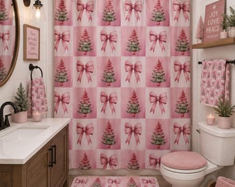 Pink Christmas Shower Curtain, Coquette Bow Bathroom Decor, Pink Christmas Tree Shower Curtain, Girly Holiday Bathroom Decor