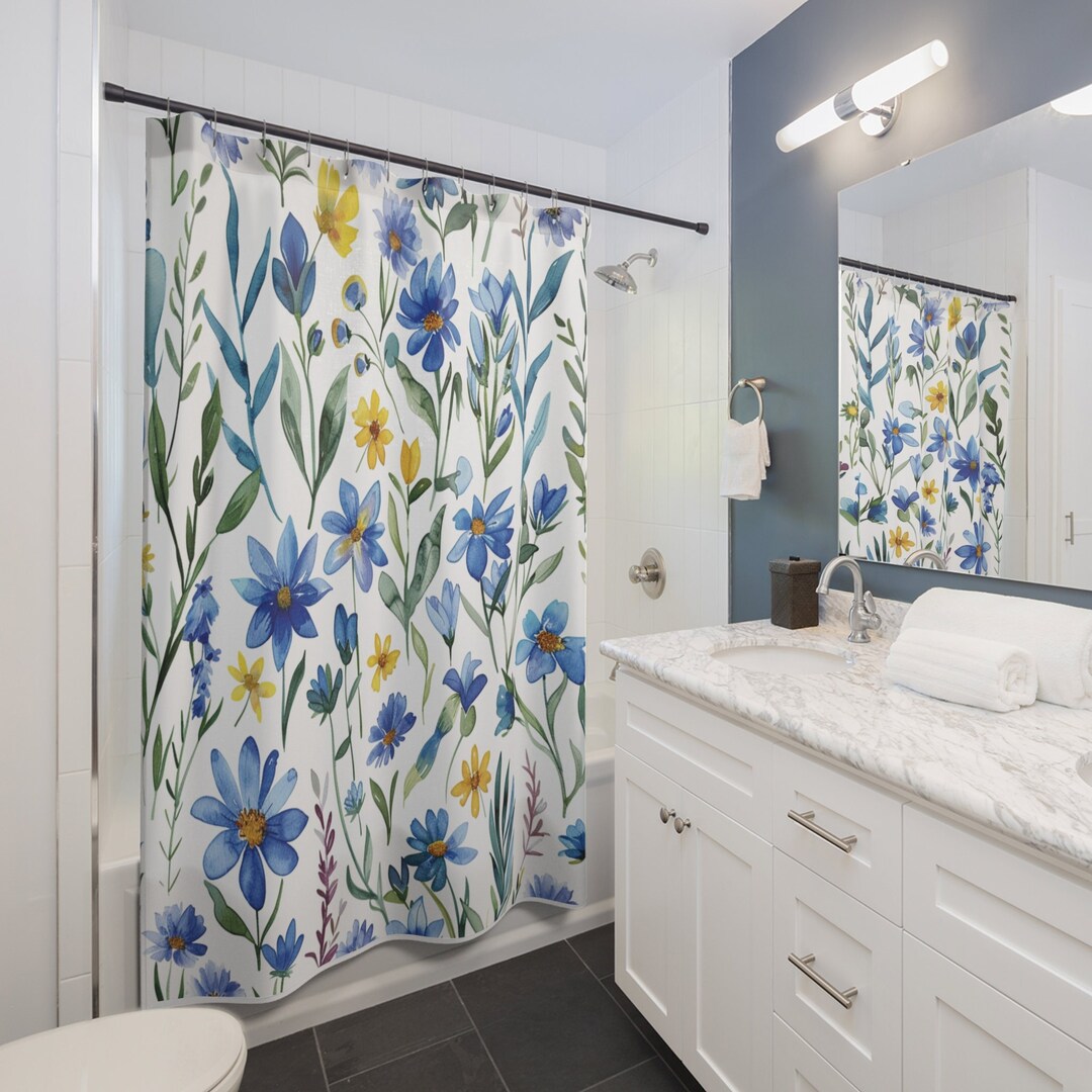 Blue and Yellow Floral Shower Curtain Coquette Style Bathroom Flowers