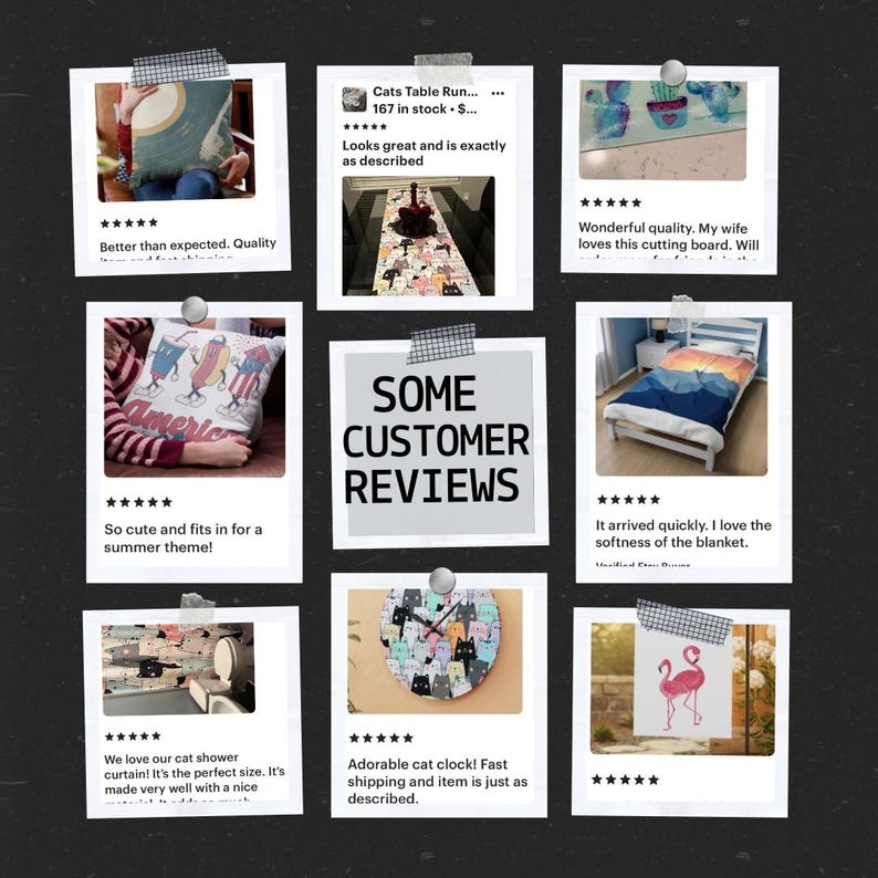 May include: A collage of customer reviews for various home decor items, including a cat-themed table runner, a cutting board, a pillow with an American flag design, a blanket with a mountain scene, a cat clock, and a flamingo-themed wall decor. The reviews are positive and include comments about the quality, design, and shipping speed of the products.