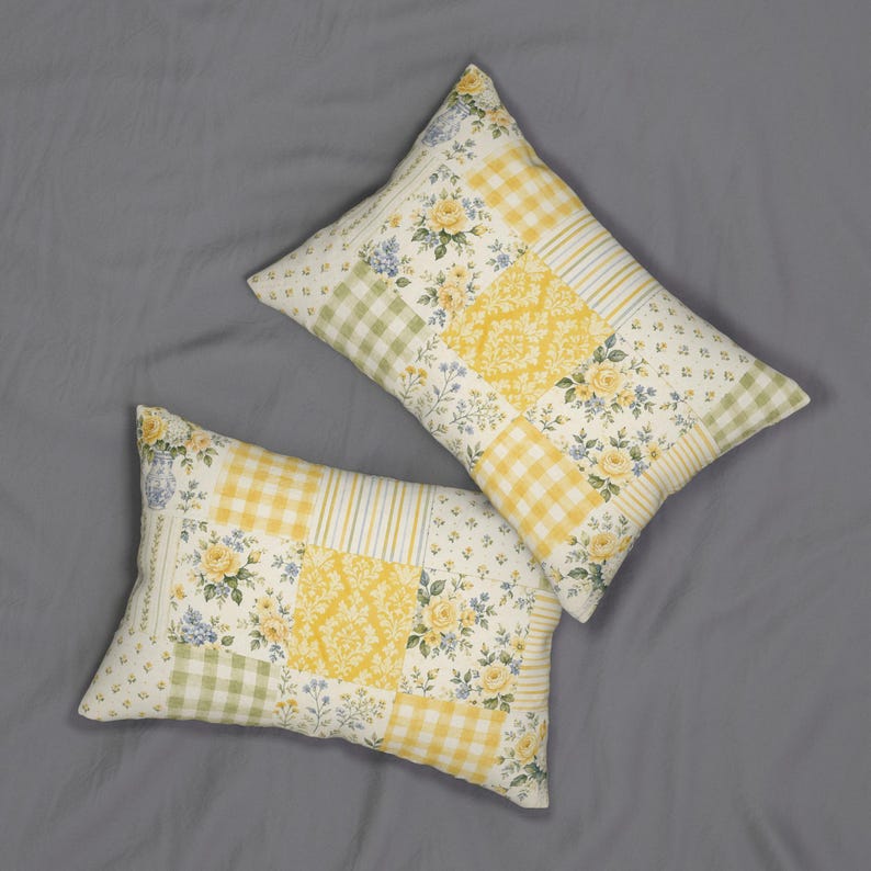 Cuscino lombare con patchwork floreale giallo / Cuscino decorativo in stile cottagecore immagine 5