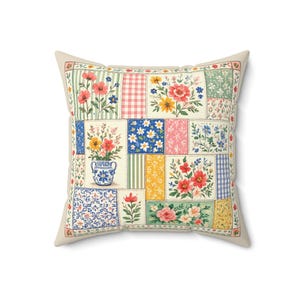 Kissen im Patchwork-Look mit Blumenmuster, Kissenbezug im Cottagecore-Stil, Vintage-Bauernhausdeko, Kissen im Quilt-Stil mit Blumenmuster, Frühlingsgarten-Akzent Bild 3