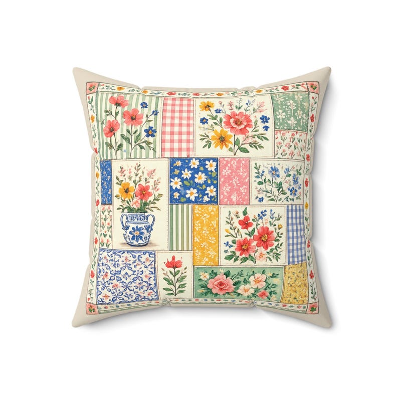 Kissen im Patchwork-Look mit Blumenmuster, Kissenbezug im Cottagecore-Stil, Vintage-Bauernhausdeko, Kissen im Quilt-Stil mit Blumenmuster, Frühlingsgarten-Akzent Bild 3