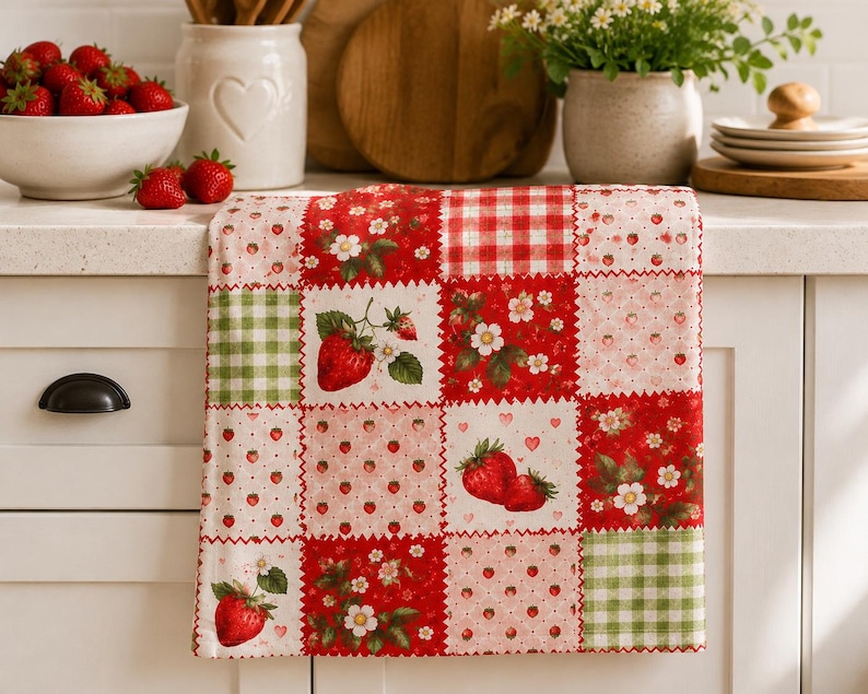May include: A rectangular kitchen towel featuring a patchwork design of various squares. The patterns include red and white gingham, green and white gingham, and multiple prints of red strawberries, white strawberry blossoms, and small pink hearts.