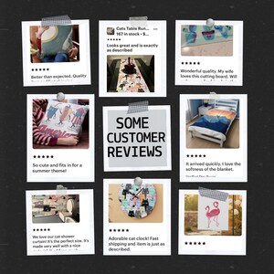 May include: A collage of customer reviews on various products. The reviews are displayed on polaroid-style images. Products include a pillow, table runner, cutting board, blanket, shower curtain, clock, and a flamingo print.