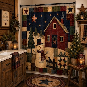 May include: A fabric shower curtain featuring a patchwork design with a red house, a snowman, pine trees, and stars against a dark blue night sky. The scene includes a fence, a black bird, and a quilt-like border with various plaid patterns.
