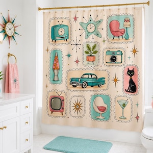 May include: A cream-colored shower curtain featuring a repeating pattern of mid-century modern illustrations including a teal television, a pink armchair, a lava lamp, a potted plant, a vintage camera, a black cat, a teal car, and a martini glass.
