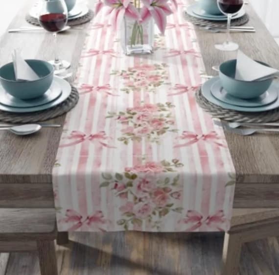 Pink Roses Table Runner: Shabby Chic Cottagecore Dining Decor (16x90 Cotton or Poly Blend)