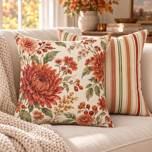Autumn Chrysanthemum Floral Square Pillow Fall Striped Back