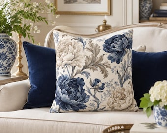 Può includere: Un cuscino quadrato con una base in tessuto color crema e una stampa botanica dettagliata di grandi peonie in fiore nei toni del blu navy profondo, grigio tenue e beige delicato, disposti in un motivo floreale denso e fluido.