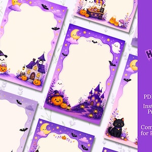 May include: A set of digital Halloween-themed notepad designs featuring purple and orange color palettes. The illustrations include ghosts, pumpkins, bats, a haunted house, and a black cat. The text reads Kawaii Halloween Notepad 4 x 6.