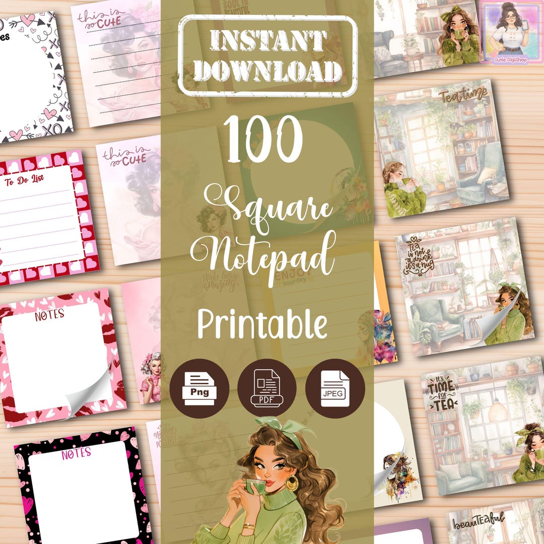 100 Printable Notepad Bundle | Square Memo Pad Templates | Lined ...