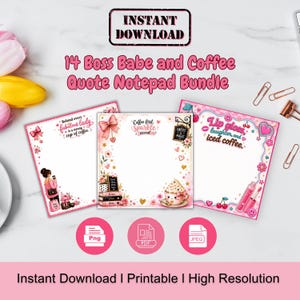 Può includere: Un set di blocchi note rosa con il testo "14 Boss Babe and Coffee Quote Notepad Bundle". I blocchi note presentano vari design, tra cui tazze di caffè, fiocchi e le frasi "Behind every fabulous lady is a strong cup of coffee" e "Lip gloss, laughter, and iced coffee."