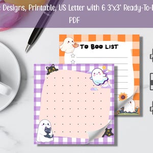 Puede incluir: Blocs de notas imprimibles con temática de Halloween con bonitas ilustraciones de fantasmas y gatos negros. Los blocs de notas presentan un diseño a cuadros rosa y morado, con el texto "TO BOO LIST" en uno. La imagen incluye iconos de tipo de archivo PNG, JPG y PDF.