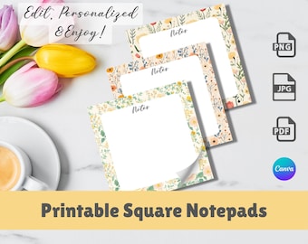 Plantilla de bloc de notas cuadrado con estampado floral beige / Hoja de notas editable en Canva (descarga digital)