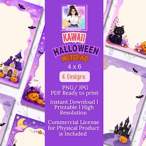 Kawaii Halloween 4X6 Printable Notepad Bundle | 6 Spooky Stationery Designs | Personal Commercial Use, Unlimited Printing