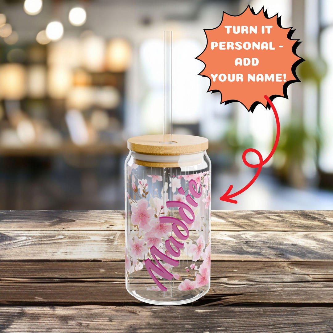Cherry Blossom Glass Cup: 16oz Bamboo Lid & Straw - Etsy