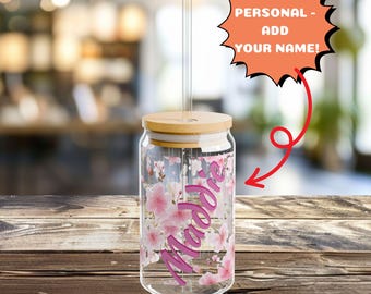 Cherry Blossom Glass Cup: 16oz Bamboo Lid & Straw