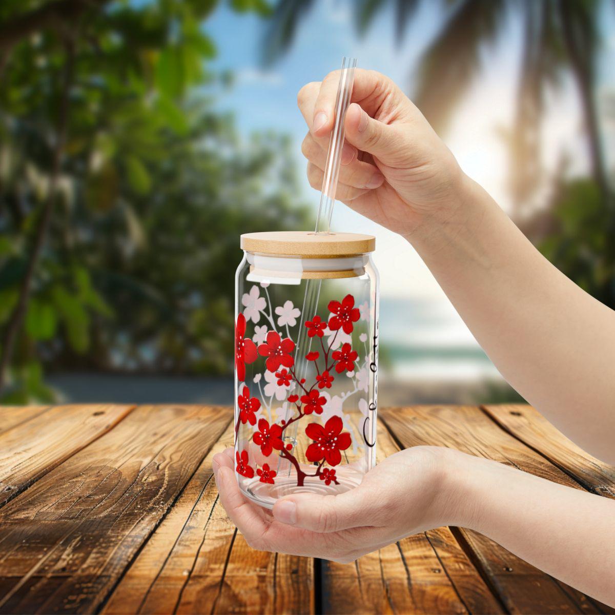Personalized Cherry Blossom Glass Cup: Bamboo Lid & Straw - Etsy