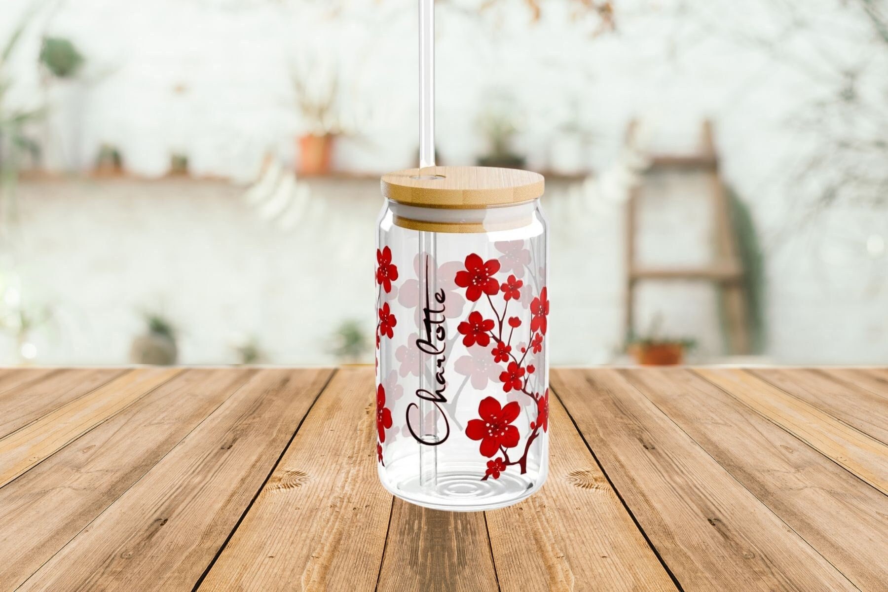 Personalized Cherry Blossom Glass Cup: Bamboo Lid & Straw - Etsy