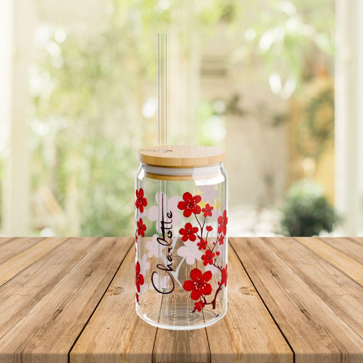 Personalized Cherry Blossom Glass Cup: Bamboo Lid & Straw - Etsy