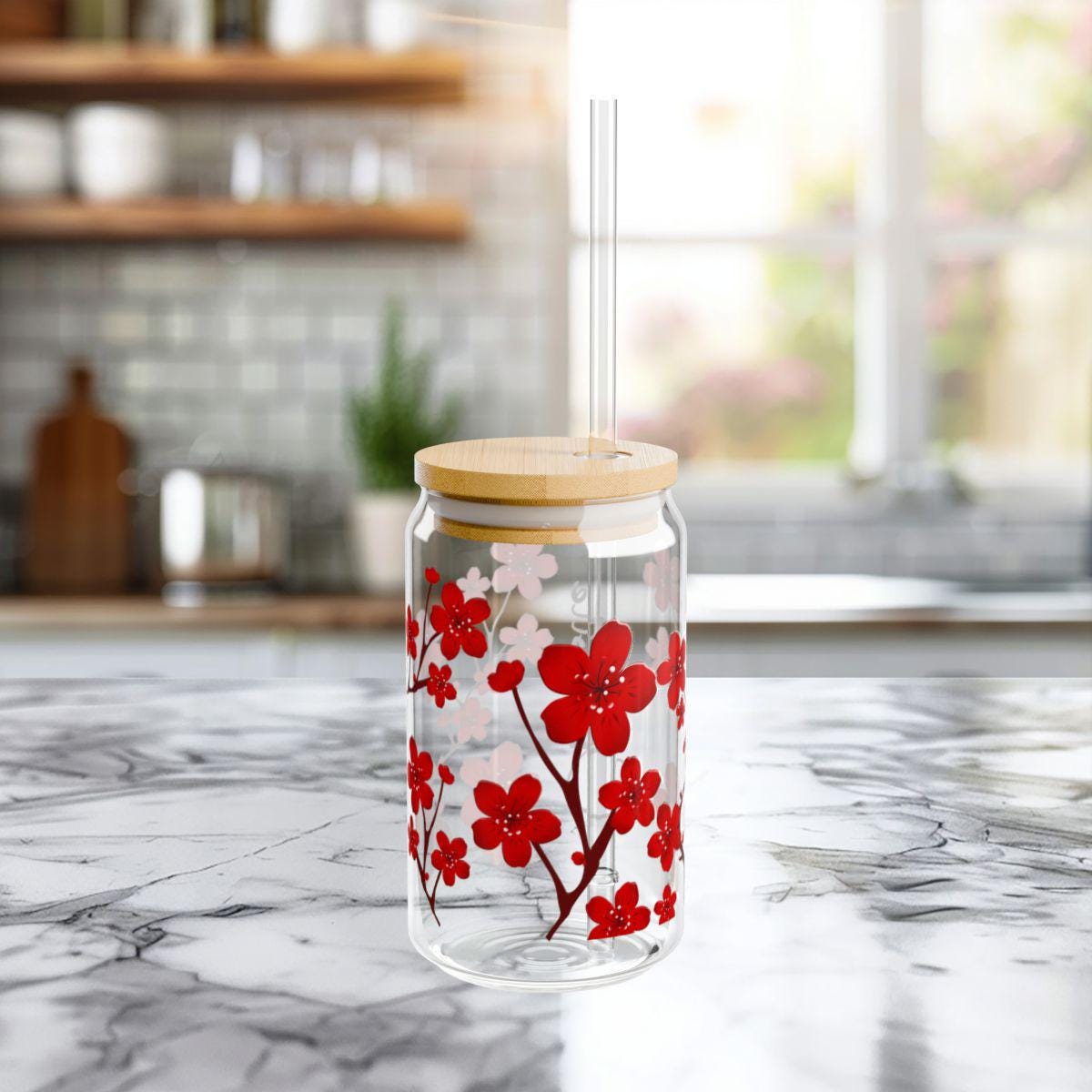 Personalized Cherry Blossom Glass Cup: Bamboo Lid & Straw - Etsy