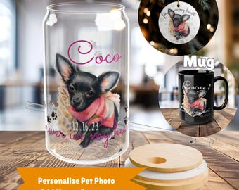 May include: A clear glass cup, black mug, and white ornament featuring a black Chihuahua wearing a pink sweater. The cup and mug have the name "Coco" and the date "12.16.23". The ornament says "love in my heart".