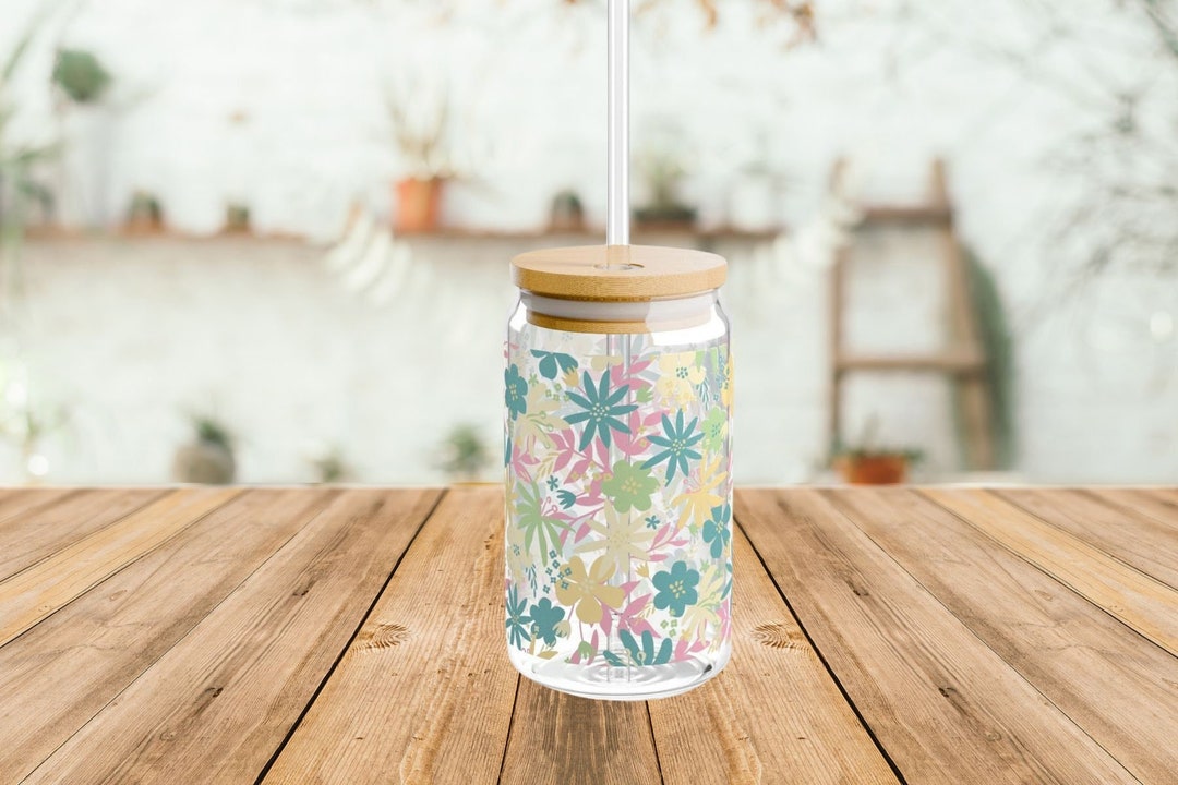 Wildflower Glass Cup With Bamboo Lid and Straw 16oz Unique Glass Cup ...