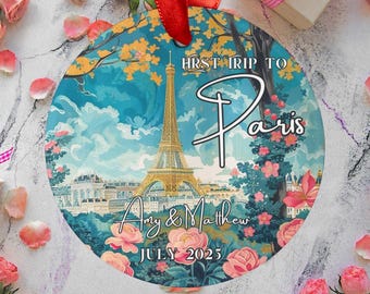 Personalized Paris Eiffel Tower Ornament Watercolor Travel Gift, first trip to Paris gift anniversary couple gift, Family vacation ornament