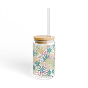 Wildflower Glass Cup With Bamboo Lid and Straw 16oz Unique Glass Cup ...