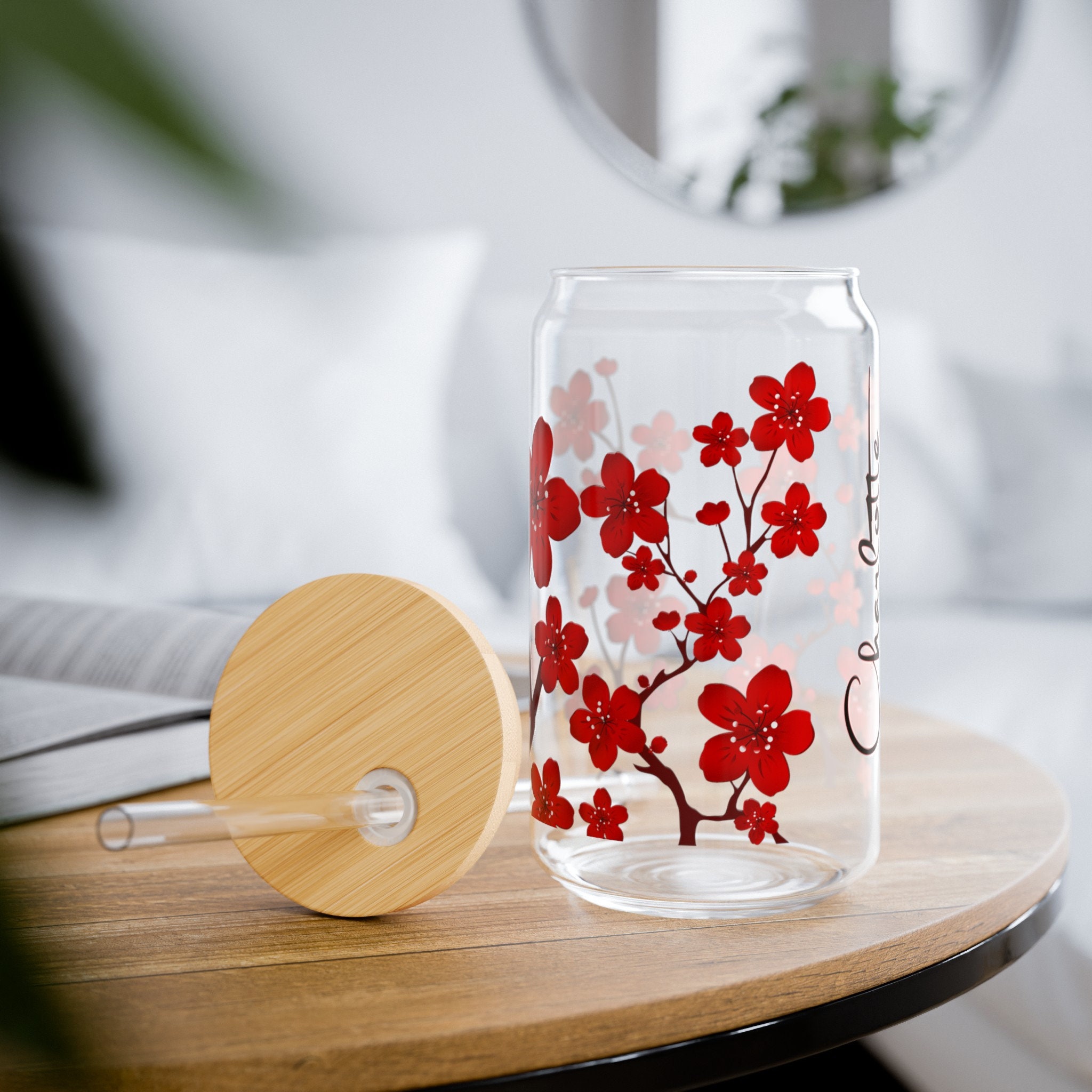 Personalized Cherry Blossom Glass Cup: Bamboo Lid & Straw - Etsy