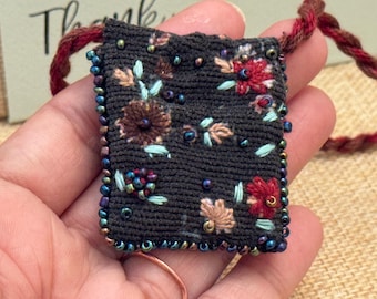 Handmade Embroidered Fabric Necklace, Unique Bohemian Jewelry (Product # 41N)