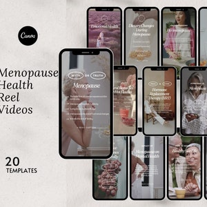 Könnte beinhalten: Ein Satz von 20 Social-Media-Vorlagen zum Erstellen von Menopause-Gesundheits-Reel-Videos. Die Vorlagen behandeln eine Vielzahl von Themen, darunter emotionale Gesundheit, Ernährungsumstellungen, Hitzewallungen, Hormonersatztherapie und die Auswirkungen der Menopause auf die geistige und körperliche Gesundheit.
