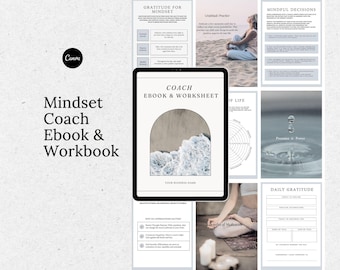 Op de afbeelding: Een digitaal werkboek en e-book met de titel "Coach Ebook & Worksheet" met een blauw en wit golfontwerp op de omslag. Het werkboek bevat secties over dankbaarheid, bewuste beslissingen, dagelijkse dankbaarheid en een levensrad.