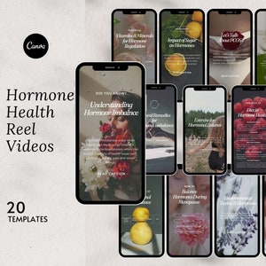 Peut inclure: Une collection de 20 modèles de bobines Instagram pour la santé hormonale. Les modèles abordent divers sujets, notamment les vitamines et les minéraux pour la régulation hormonale, l'impact du sucre sur les hormones et le rôle de l'alimentation dans la santé hormonale. Les modèles sont conçus pour être visuellement attrayants et informatifs.