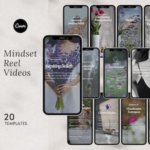 Könnte beinhalten: Ein Satz von 20 Instagram-Reel-Vorlagen für Mindset und Selbstverbesserung. Die Vorlagen behandeln eine Vielzahl von Themen, darunter das Überwinden von limitierenden Glaubenssätzen, Prokrastination und Perfektionismus. Die Vorlagen sind mit einem minimalistischen Design und einem floralen Hintergrund gestaltet.