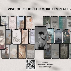 May include: A collage of 25 phone screen mockups with various health and wellness content prompts. The prompts include topics such as morning routines, self-care, anxiety, and overcoming overthinking. The image also includes a QR code and the text "FREEBIE! 100 Health & Wellness Content Prompts".
