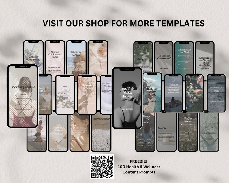 May include: A collage of 25 phone screen mockups with various health and wellness content prompts. The prompts include topics such as morning routines, self-care, anxiety, and overcoming overthinking. The image also includes a QR code and the text "FREEBIE! 100 Health & Wellness Content Prompts".