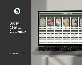 May include: A laptop screen displaying a social media calendar template for Instagram. The calendar is divided into days of the week and includes fields for post type, content type, link, caption, hashtags, and notes. The template is designed to help users plan and schedule their Instagram content.