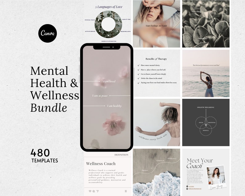 May include: A digital marketing bundle for mental health and wellness coaches. The bundle includes 480 templates and features a variety of designs, including a pink flower, a woman with her eyes closed, and a diagram of the five love languages.