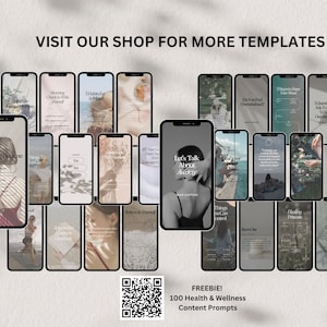 May include: A collage of 25 phone screen mockups with various health and wellness content prompts. The prompts include topics such as morning routines, self-care, anxiety, and overcoming overthinking. The image also includes a QR code and the text "FREEBIE! 100 Health & Wellness Content Prompts".