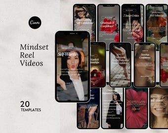 May include: A collection of 20 Instagram reel templates for building self-confidence and self-worth. The templates feature motivational quotes and images of flowers and women.